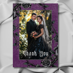 Gothic Black Raven & Rozen Paarse foto bruiloft Bedankkaart