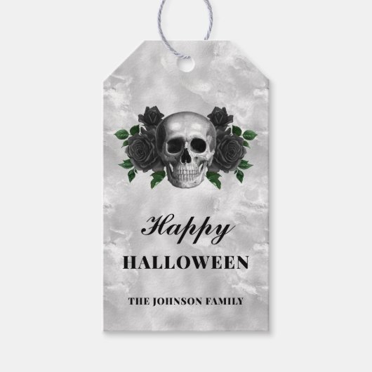 Gothic Black Rozen & Skull Happy Halloween Cadeaulabel (Voorkant)