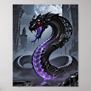 Gothic Black Serpent Gloeiende Paarse Neon Fantasy Poster