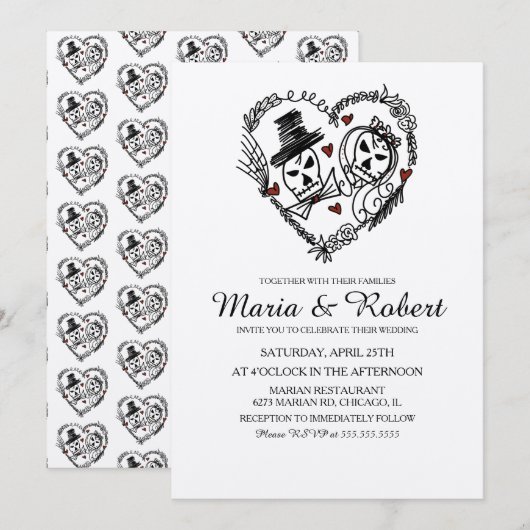 Gothic Black White Skeleton Doodle Wedding Kaart (Voorkant / Achterkant)