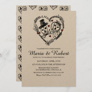 Gothic Black White Skeleton Doodle Wedding Kaart