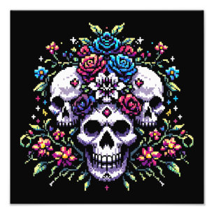 Gothic Bloom - Mystieke Bloemen Schedel Pixel Art Foto Afdruk