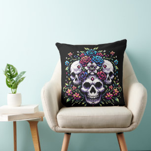 Gothic Bloom - Mystieke Bloemen Schedel Pixel Art Kussen
