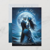 Gothic Blue Skeleton Couple Wedding Save the Date Aankondigingskaart (Voorkant / Achterkant)