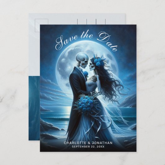 Gothic Blue Skeleton Couple Wedding Save the Date Aankondigingskaart (Voorkant / Achterkant)