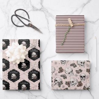 Gothic Blush Roze Schedels en Strepen Halloween Inpakpapier Vel