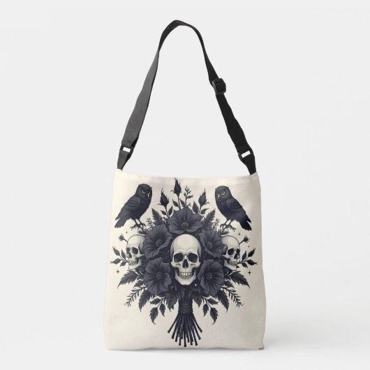 Gothic boeket met drie schedels en twee uilen crossbody tas (Achterkant)
