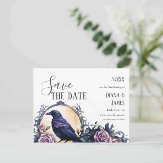 Gothic Boho Bloemenraaf & Roos Handfasten Save The Date (Staand voorkant)