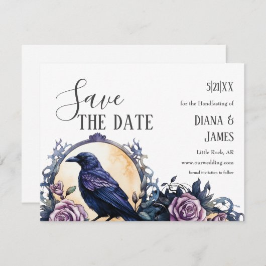 Gothic Boho Bloemenraaf & Roos Handfasten Save The Date (Voorkant / Achterkant)
