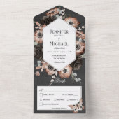 Gothic Boho Moth Zwart & Bruin Bloemen diner All In One Uitnodiging (Binnen)