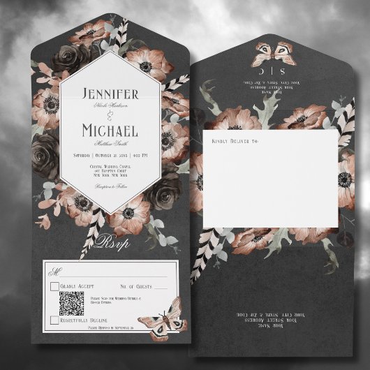 Gothic Boho Moth Zwart & Bruin Bloemen QR Code All In One Uitnodiging