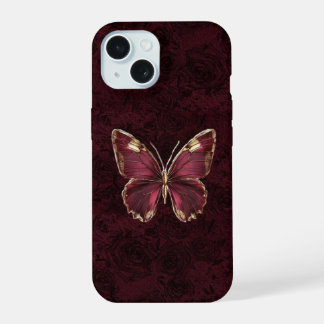 Gothic Bourgondië Vlinder Donkere Rozen Hoesje iPhone 15 Hoesje
