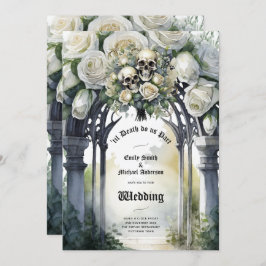 Gothic Bruiloft Zwart-wit Rozen Schedels Bloemen Kaart
