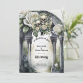 Gothic Bruiloft Zwart-wit Rozen Schedels Bloemen Kaart (Staand voorkant)