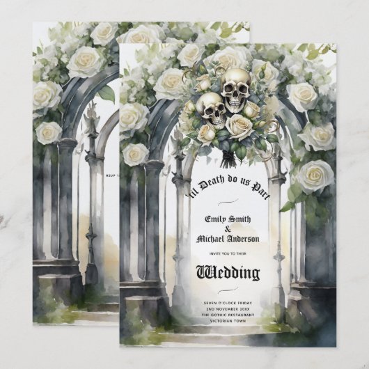 Gothic Bruiloft Zwart-wit Rozen Schedels Bloemen Kaart (Voorkant / Achterkant)
