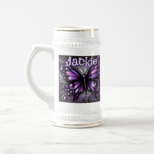 Gothic Butterfly Paarse Zwart Gepersonaliseerd Bierpul (Links)