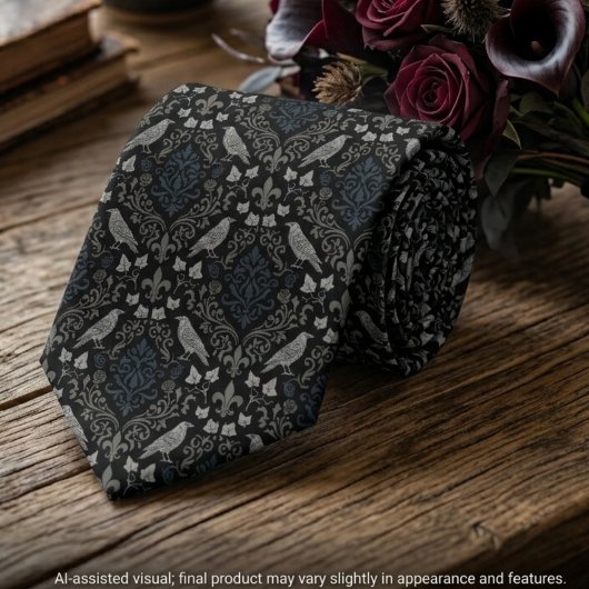 Gothic Charcoal Black Damask Raven Stropdas