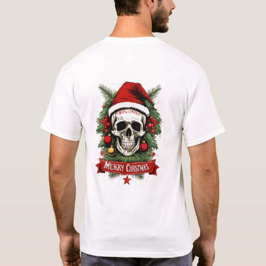 Gothic Cheer: Dood schedel Vrolijk Kerstfeest T-shirt (Achterkant)