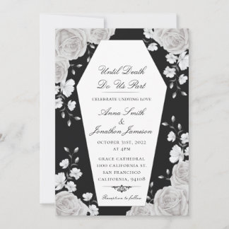 Gothic Coffin Invitation with Elegant White Roses Kaart