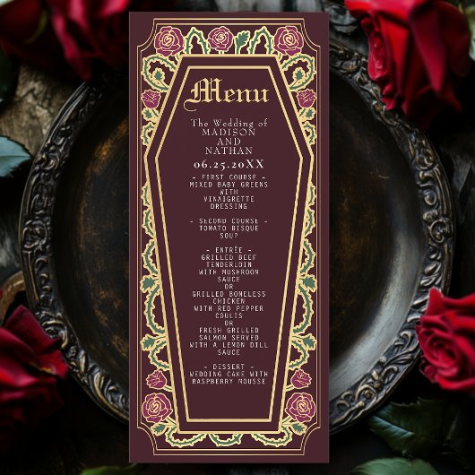 Gothic Coffin Roos Red Wedding Menu