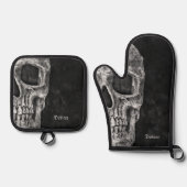 Gothic Cool Half Skull Head Black en White Grunge Ovenwant & Pannenlap Set (Voorkant)
