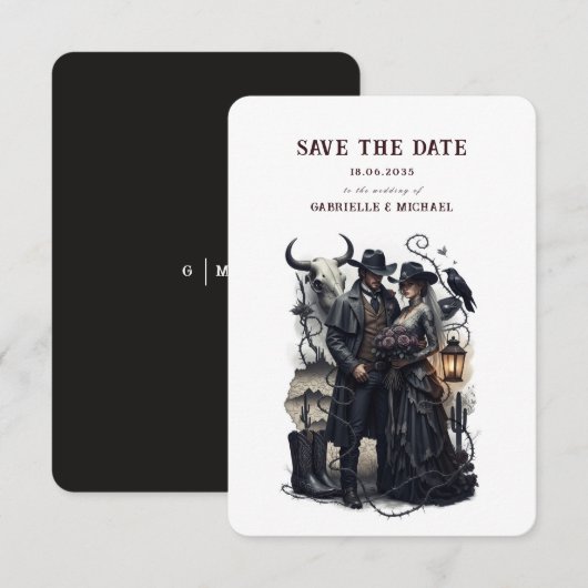 Gothic Couple Dark Western Save The Date (Voorkant / Achterkant)