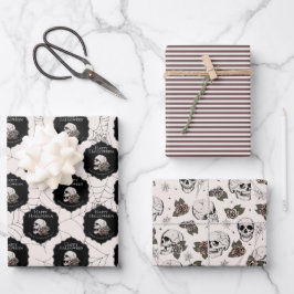 Gothic Cream Skulls en Stripes Halloween Inpakpapier Vel
