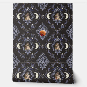 Gothic Crescent Moon Maiden Blue Damask Behang