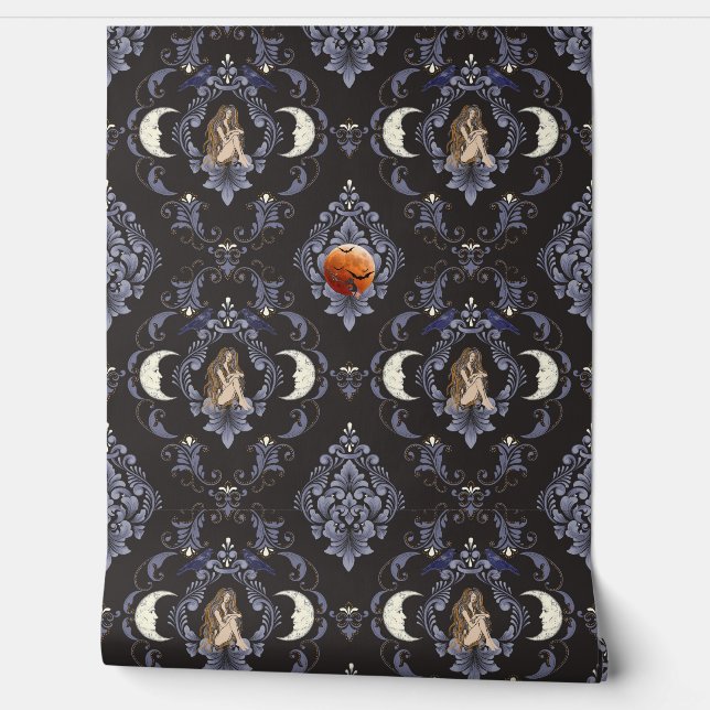 Gothic Crescent Moon Maiden Blue Damask Behang (Afrollen)