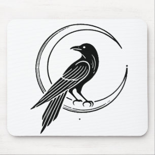 Gothic Crow & Crescent Moon Minimalistische lijnku Muismat