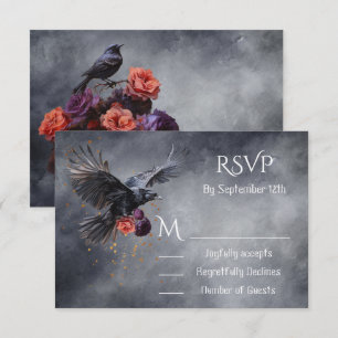 Gothic Crow Floral Bruiloft antwoordkaarten RSVP Kaartje