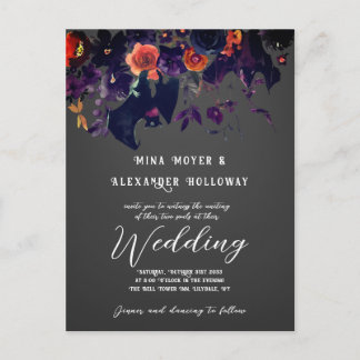 Gothic Dark Floral met vleermuizen QRC Bruiloft Briefkaart