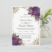 Gothic Dark Paars Floral Gold Wedding Kaart (Staand voorkant)