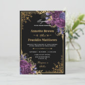Gothic Dark Paarse Floral  Gold Wedding Kaart (Staand voorkant)