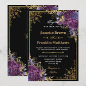 Gothic Dark Paarse Floral  Gold Wedding Kaart (Voorkant / Achterkant)