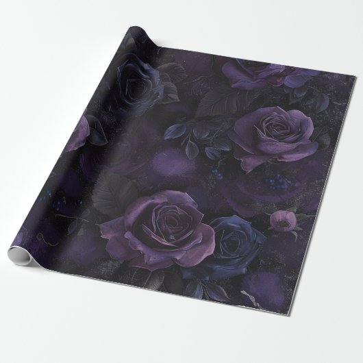 Gothic Dark Romance Paarse Rozen Wrapping Paper Cadeaupapier (Uitgerold)