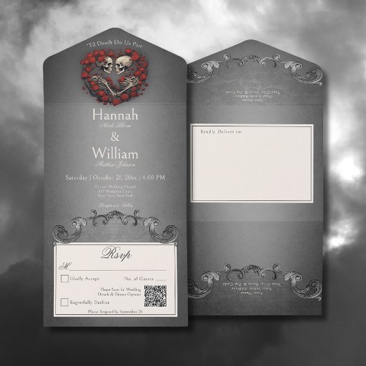 Gothic Dark Skeletons & Roos Heart QR Code All In One Uitnodiging