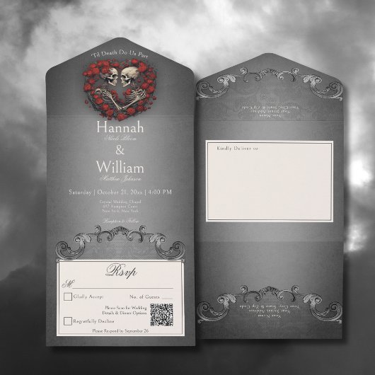 Gothic Dark Skeletons & Roos Heart QR Code All In One Uitnodiging