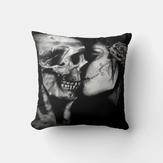 Gothic Day of Dead Black and White Skull and Woman Kussen (Voorkant)