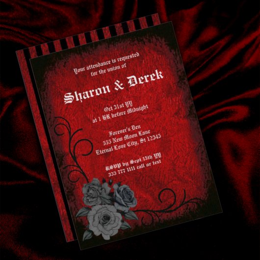 Gothic Deep Red Black Roses Wedding Invitation Kaart