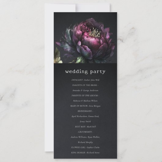 Gothic donker Paarse zwarte pioen bruiloft program Kaart (Achterkant)