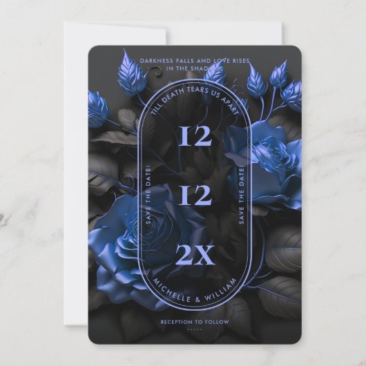 Gothic Donkerblauwe Rozen Elegante Trouw Save The Date (Voorkant)