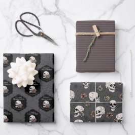 Gothic Donkergrijze schedels en strepen Halloween Inpakpapier Vel