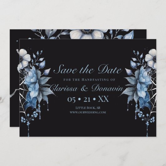 Gothic Dusty Blue Floral Spider Web Handfasting Save The Date (Voorkant / Achterkant)