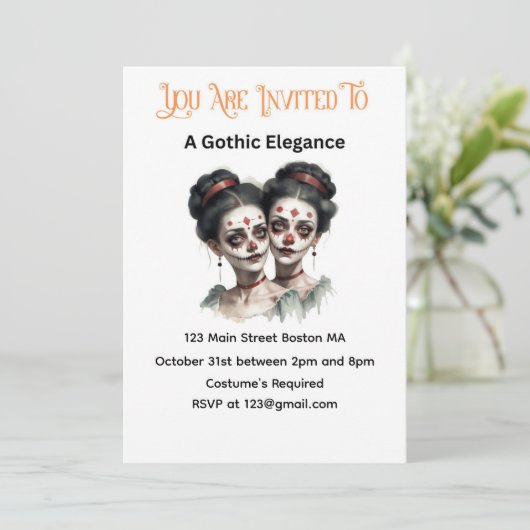 Gothic Elegance Halloween Uitnodiging – Tweeling D (Staand voorkant)