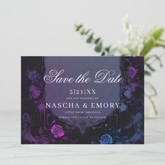 Gothic Elegance Paarse Boho Schedel Bewaar de datu Save The Date (Staand voorkant)