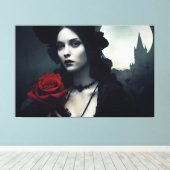 Gothic Elegant Lady Red Rose Canvas Afdruk (Insitu (Houten vloer))