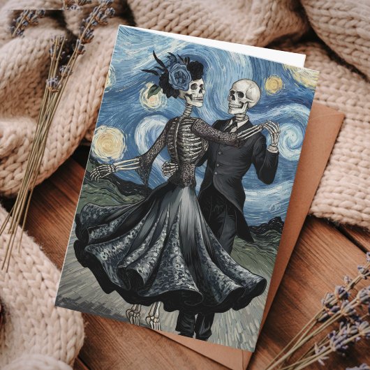 Gothic Elegant Skeletons Dance Moonlight Van Gogh Kaart