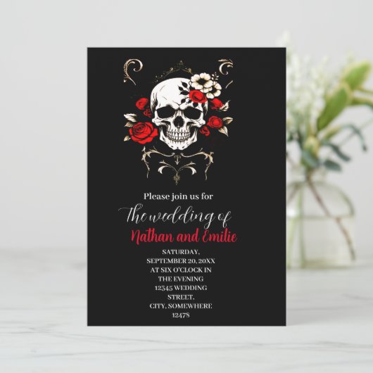 Gothic Elegant Skull zwart en rood bruiloft uitnod Kaart (Staand voorkant)