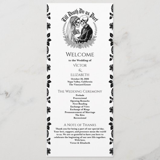 Gothic Elegant Till Death Skeleton Wedding Programma (Voorkant)